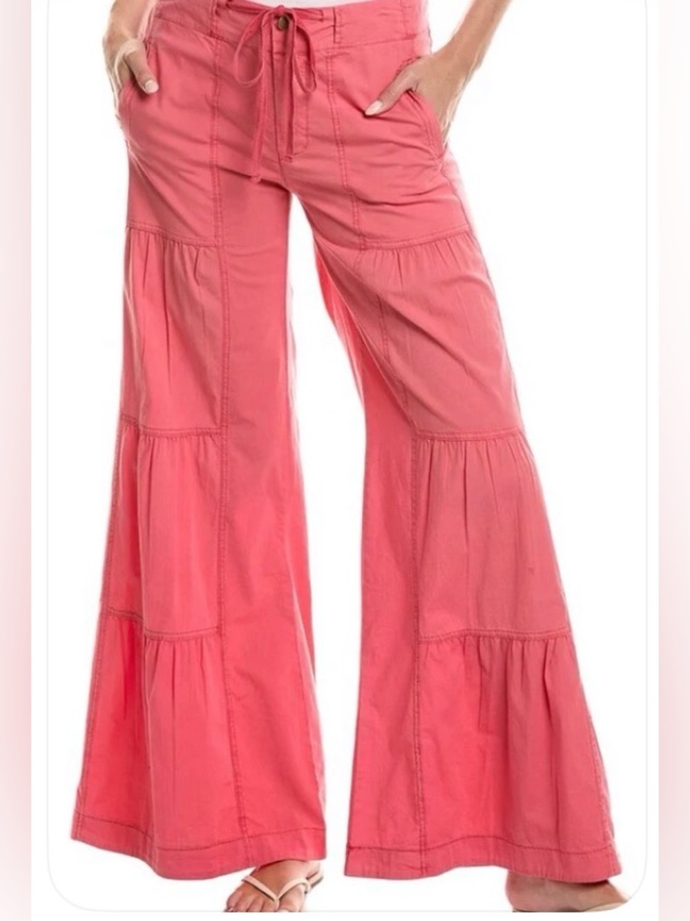 XOVI Wide-Leg Tiered Drawstring Lightweight Pants - Coral Pink: M - Picture 1 of 6